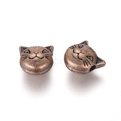 Tibetan Style Alloy Kitten Beads, Cat Head, Cadmium Free & Nickel Free & Lead Free, Red Copper, 8x8x5mm, Hole: 2mm(TIBEP-GC178-R-NR)