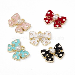 Alloy Enamel Pendants, with ABS Plastic Imitation Pearl Beads, Light Gold, Bowknot Charm, Mixed Color, 12.5x16.5x5mm, Hole: 1.6mm(PALLOY-P287-05LG)
