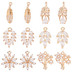 12Pcs 6 Style Brass Micro Pave Cubic Zirconia Pendants, Long-Lasting Plated, Light Gold, Leaf & Flower & Feather, Clear, 17~20x5~15x2.5~4mm, Hole: 1~1.8mm, 2pcs/style(KK-SC0003-15)
