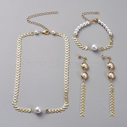 Jewelry Sets, Bracelets & Earrings & Necklaces, with Plastic Imitation Pearl Beads, Brass Cobs Chains, 304 Stainless Steel Lobster Claw Clasps, Golden, 15.94 inch(40.5cm), 7-1/4 inch(18.5cm), 105mm(SJEW-JS01069)