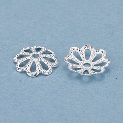 Brass Multi-Petal Bead Caps, Long-Lasting Plated, Flower, Silver, 8x1.2mm, Hole: 1mm(KK-K253-22S)