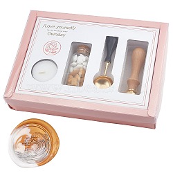 Wax Seal Stamp Set, with Brass Head & Handle, Spool, Candles & Wax, for Invitations Cards Letters Envelope, Retro Gift Box, Pink, 1.3~10.5x1.6~3.8x0.65~1.8cm, 4pcs/box(AJEW-WH0162-50)