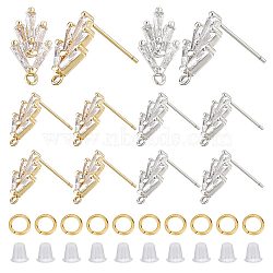 6 Pairs 2 Colors Brass Grass Shape Stud Earring Findings, with Horizontal Loops & 50Pcs Jump Rings & 50Pcs Plastic Ear Nuts, Platinum & Golden, 14.2x7.5mm, Hole: 1mm, Pin: 0.8mm, 3 Pairs/color(KK-CN0001-91)