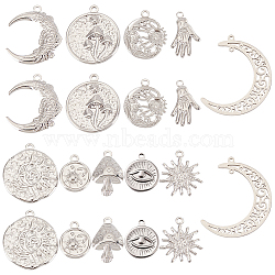 20Pcs 10 Style 304 Stainless Steel Pendants, Flat Round with Sun & Moon & Mushroom, Stainless Steel Color, 18~40x15~34x1.5~4mm, Hole: 1.4~2mm, 2pcs/style(STAS-SC0004-80P)