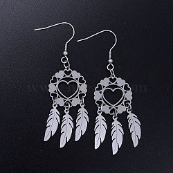 201 Stainless Steel Chandelier Earrings, Woven Net/Web with Feather, Stainless Steel Color, 68x20mm; Pin: 0.7mm(STAS-S105-JN356-1)