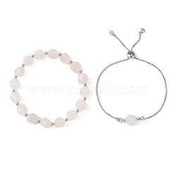 2Pcs 2 Style Natural Rose Quartz Beaded Stretch Bracelets Set, Adjustable Brass Slider Bracelets, Misty Rose, Inner Diameter: 2-1/8 inch(5.35cm), 1Pc/style(BJEW-TA00294)