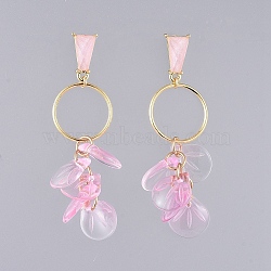Glass Cluster Beads Dangle Ear Studs, with Plastic Ear Nuts, Brass Linking Rings and Alloy Stud Findings, Pink, 70mm, Pin: 0.8mm(EJEW-JE03921-01)