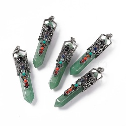 Natural Green Aventurine Big Pendants, 7 Chakra Faceted Bullet Charms, with Rack Plating Antique Silver Tone Alloy Crown Findings, Cadmium Free & Lead Free, 84x20x19.5mm, Hole: 8x5mm(G-H281-02F)