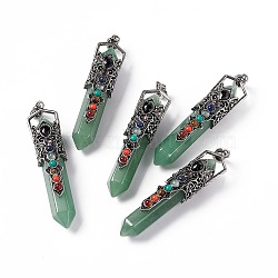 Natural Green Aventurine Big Pointed Pendants, 7 Chakra Faceted Bullet Charms, with Rack Plating Antique Silver Tone Alloy Crown Findings, Cadmium Free & Lead Free, 84x20x19.5mm, Hole: 8x5mm(G-H281-02F)