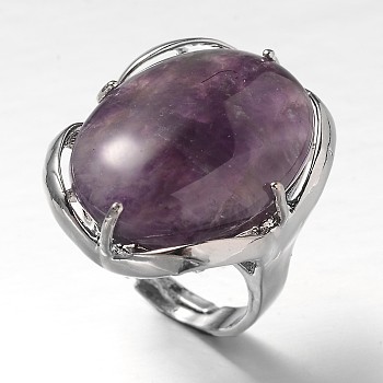 Adjustable Oval Brass Natural Amethyst Wide Band Rings, 17mm, Tray: 28x22mm