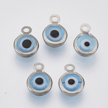 Handmade Lampwork Charms, with 304 Stainless Steel Findings, Flat Round with Evil Eye, Deep Sky Blue, 9.5x6.5x2.5mm, Hole: 1.5mm