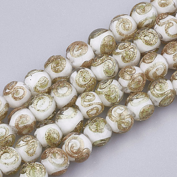 Handmade Gold Sand Lampwork Beads, Round, White, 8~9x7~7.5mm, Hole: 1.5~2mm