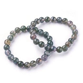 Natural Moss Agate Beads Stretch Bracelets, Round, 2 inch~2-1/8 inch(5.2~5.5cm), Beads: 8~9mm