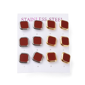 6 Pair 2 Color Square Acrylic Stud Earrings, Golden & Stainless Steel Color 304 Stainless Steel Earrings, FireBrick, 12x12mm, 3 Pair/color