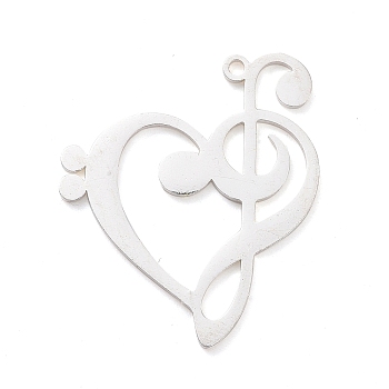 304 Stainless Steel Pendants, Heart with G Clef, Stainless Steel Color, 27x24x1mm, Hole: 1.2mm