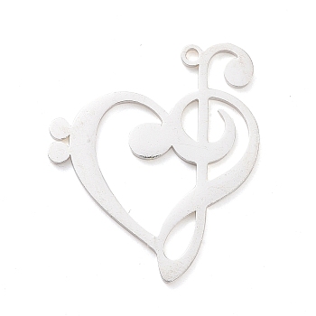 Non-Tarnish 304 Stainless Steel Pendants, Heart with G Clef, Stainless Steel Color, 27x24x1mm, Hole: 1.2mm