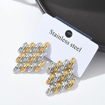 304 Stainless Steel Two Tone Stud Earrings for Women, Rhombus, Golden & Stainless Steel Color, 37x23mm