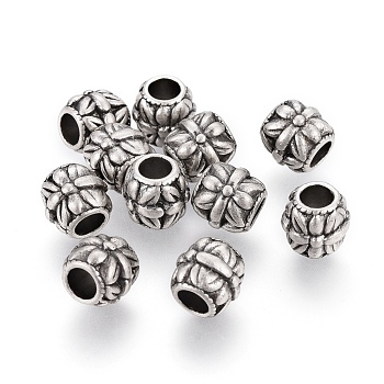 Tibetan Style Alloy European Beads, Large Hole Beads, Barrel with Flower, Lead Free & Nickel Free & Cadmium Free, Thailand Sterling Silver Plated, 9x9.5mm, Hole: 4mm