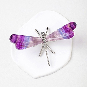 Natural Fluorite Display Decorations, with Dragonfly Metal Holder, for Home Feng Shui Ornament, Platinum, 120~150x80mm