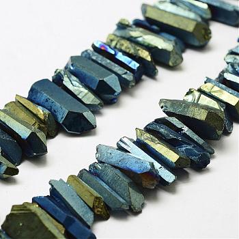 Electroplated Natural Quartz Crystal Beads Strands, Nuggets, Tusk Shape, Green Plated, Dyed, Dark Slate Gray, 7~15x18~60mm, Hole: 1mm, about 46pcs/strand, 16 inch