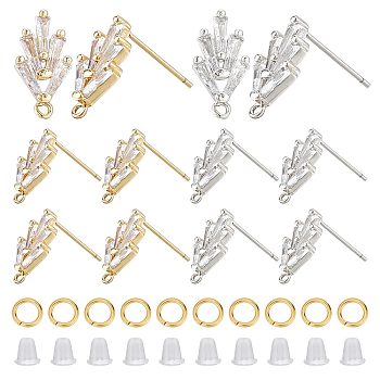 6 Pairs 2 Colors Brass Grass Shape Stud Earring Findings, with Horizontal Loops & 50Pcs Jump Rings & 50Pcs Plastic Ear Nuts, Platinum & Golden, 14.2x7.5mm, Hole: 1mm, Pin: 0.8mm, 3 Pairs/color