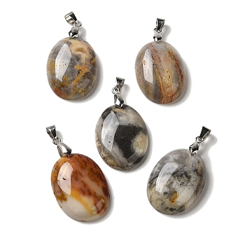 Natural Crazy Agate Pendants, Oval Charms with Rack Plating Platinum Plated Brass Snap on Bails, 30x21.5~22x6~6.5mm, Hole: 6x4mm