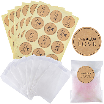 120Pcs Flat Translucent Glassine Waxed Paper Treat Bags Cookie Bags, with 10 Sheets Round Dot Sealing Adhesive Gift Stickers, Word, Bag: 10.5x7.2x0.02cm, Sticker: 35mm, 12pcs/sheet