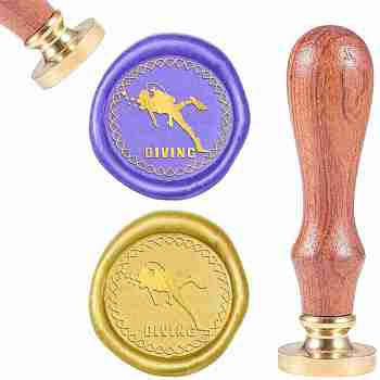 DIY Scrapbook, Brass Wax Seal Stamp and Wood Handle Sets, Diving, Golden, 8.9x2.5cm, Stamps: 25x14.5mm