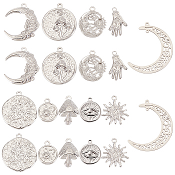 20Pcs 10 Style 304 Stainless Steel Pendants, Flat Round with Sun & Moon & Mushroom, Stainless Steel Color, 18~40x15~34x1.5~4mm, Hole: 1.4~2mm, 2pcs/style