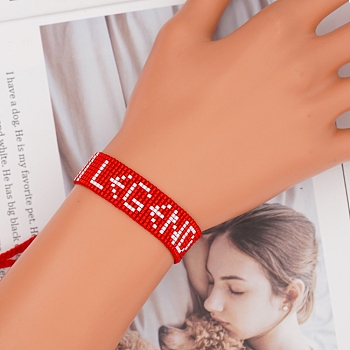 Miyuki Seed Braided Bead Bracelet, Word LNGD Friendship Bracelet for Women, Red, 11 inch(28cm)