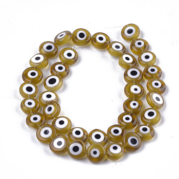 Handmade Evil Eye Lampwork Beads Strands, Flat Round, Dark Khaki, 9.5x3.5mm, Hole: 1.2mm, about 38pcs/strand, 14.1 inch~14.5 inch