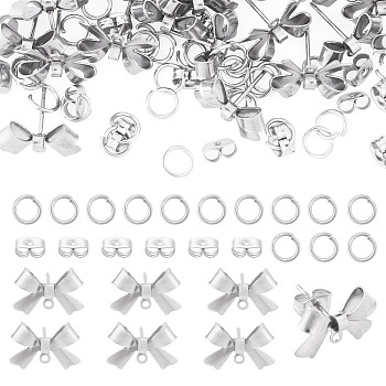 10 Pairs 304 Stainless Steel Bowknot Stud Earring Findings, with Loop, with 20Pcs Ear Nut and 30Pcs Jump Rings, Stainless Steel Color, 10x15mm, Hole: 1.2mm, Pin: 0.7mm