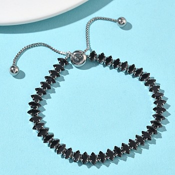 304 Stainless Steel Pave Horse Eye Jet Rhinestone Slider Bracelets for Women, with 201 Stainless Steel Beads, Stainless Steel Color, 11.42 inch(29cm)
