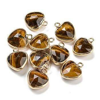 Natural Tiger Eye Faceted Heart Charms, with Golden Tone Brass Edge, 13.5x11x5mm, Hole: 1.6mm