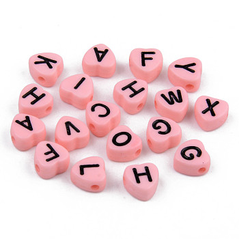 Opaque Acrylic Enamel Beads, Horizontal Hole, Heart with Mixed Black Letters, Pink, 7x7x4mm, Hole: 1.5mm, about 3600pcs/500g