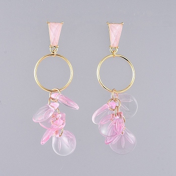 Glass Cluster Beads Dangle Ear Studs, with Plastic Ear Nuts, Brass Linking Rings and Alloy Stud Findings, Pink, 70mm, Pin: 0.8mm