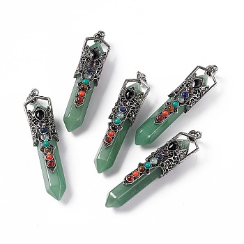 Natural Green Aventurine Big Pendants, 7 Chakra Faceted Bullet Charms, with Rack Plating Antique Silver Tone Alloy Crown Findings, Cadmium Free & Lead Free, 84x20x19.5mm, Hole: 8x5mm