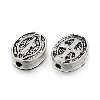 Tibetan Style Alloy Oval Beads, with Jesus and Cross, For Easter, Lead Free & Cadmium Free, Antique Silver, 10x8x3mm, Hole: 1mm