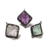 Natural Fluorite Pendants, Rhombus Charms, with Antique Silver Tone Brass Chain and Stannum, Lead Free & Cadmium Free, 34~36x27~29x20~26mm, Hole: 3.2mm(G-F731-03AS)