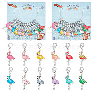 Flamingo Stitch Markers, Alloy Enamel Crochet Lobster Clasp Charms, Locking Stitch Marker with Wine Glass Charm Ring, Mixed Color, 4.7cm, 12 colors, 1pc/color, 12pcs/set(HJEW-AB00190)