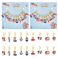 American Flag Style Pendant Stitch Markers, Alloy Enamel Crochet Lobster Clasp Charms, Locking Stitch Marker with Wine Glass Charm Ring, Mixed Shapes, Mixed Color, 2.5~3cm, 9 style, 1pc/style, 9pcs/set(HJEW-AB00344)
