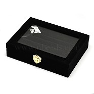Wooden Rectangle Ring Boxes, Covered with Velvet, with Glass and Iron Clasps, Black, 20.2x15.1x4.9cm(OBOX-L001-06A)