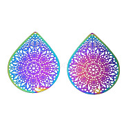Ion Plating(IP) 201 Stainless Steel Filigree Pendants, Etched Metal Embellishments, Drop, Rainbow Color, 48.5x38.5x0.2mm, Hole: 1mm(STAS-S118-066)