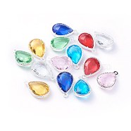 Glass Pendants, with Eco-Friendly Alloy Open Back Berzel Findings, Faceted, teardrop, Silver Color Plated, Mixed Color, 18x12x5mm, Hole: 1.4mm(X-GLAA-A037-G-S)
