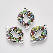 Antique Silver Tone Alloy Links connectors, with Resin, Flat Round with Hamsa Hand/Hand of Fatima/Hand of Miriam, Colorful, 21.5x15x2.5mm, Hole: 1.8mm(PALLOY-T072-017AS)