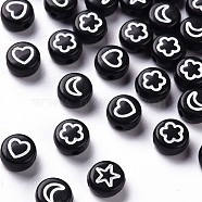 Opaque Acrylic Beads, Flat Round with White Heart & Flower & Moon & Star, Black, 7x4mm, Hole: 1.6mm(MACR-N008-40C)
