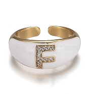 Brass Micro Pave Clear Cubic Zirconia Cuff Rings, Open Rings, with Enamel, Cadmium Free & Lead Free, Golden, Letter.F, US Size 7 1/4, Inner Diameter: 17.6mm(RJEW-H538-03G-F)