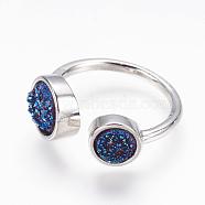 Natural Druzy Agate Cuff Rings, Open Rings, with Real Platinum Plated Brass Findings, Dyed, Size 8, Blue, 18mm(RJEW-K017-01P)