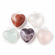 Natural Mixed Stone Pendants, with Silver Color Plated Brass Findings, Heart Charms, 18~19x15~17x7~10mm, Hole: 2mm(G-C005-01S-21)