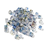 Two Tone Transparent Glass Beads, Cube, Steel Blue, 6x6x7mm, Hole: 1.4mm, about 500pcs/bag(GLAA-NH0001-03G)